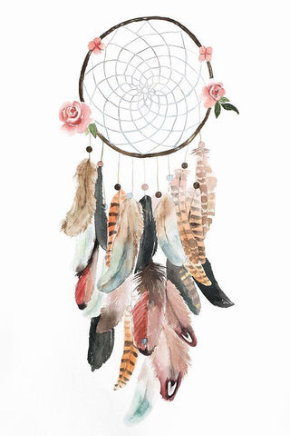 CIRCULAR DREAM CATCHER WITH ROSES AND FEATHERS White Modern Wood Framed Art Print with Double Matting by Atelier B Art Studio