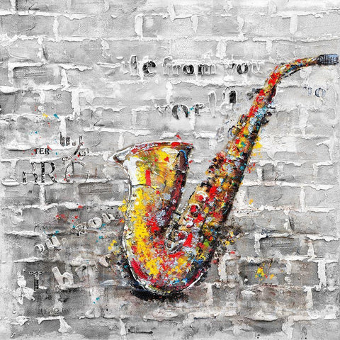 Graffiti of a saxophone on brick wall Gold Ornate Wood Framed Art Print with Double Matting by Atelier B Art Studio