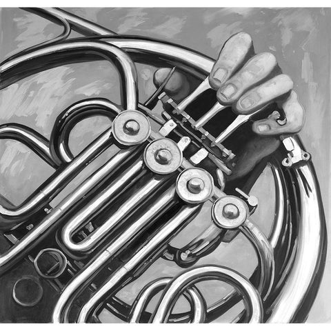 Musician with frech horn monochrome White Modern Wood Framed Art Print by Atelier B Art Studio