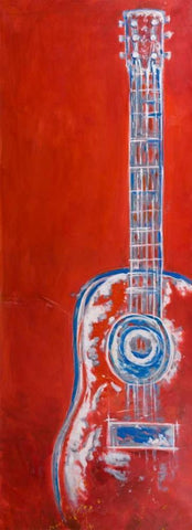 Modern Red Abstract Guitar Black Ornate Wood Framed Art Print with Double Matting by Atelier B Art Studio