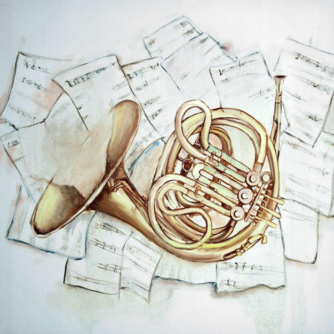 HORN ON MUSIC SHEET White Modern Wood Framed Art Print with Double Matting by Atelier B Art Studio