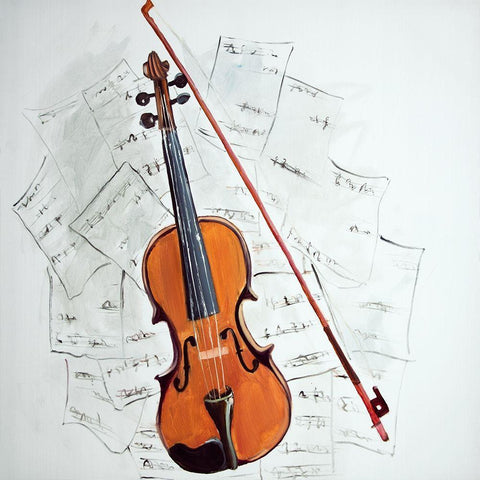 VIOLIN ON MUSIC SHEET White Modern Wood Framed Art Print with Double Matting by Atelier B Art Studio