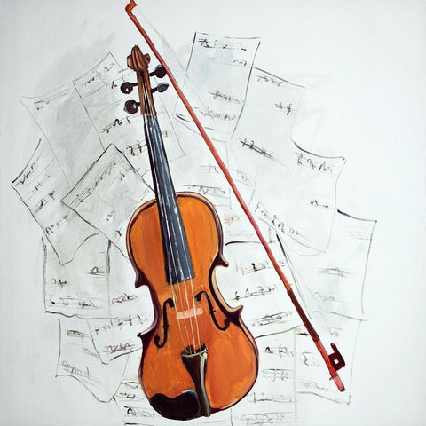 VIOLIN ON MUSIC SHEET White Modern Wood Framed Art Print by Atelier B Art Studio