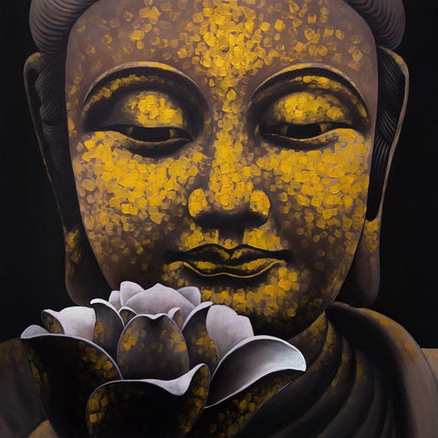 THE ETERNAL SMILE OF BUDDHA AND HIS LOTUS Black Ornate Wood Framed Art Print with Double Matting by Atelier B Art Studio