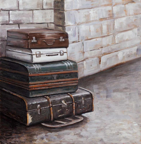 Four Old Traveling Suitcases White Modern Wood Framed Art Print with Double Matting by Atelier B Art Studio