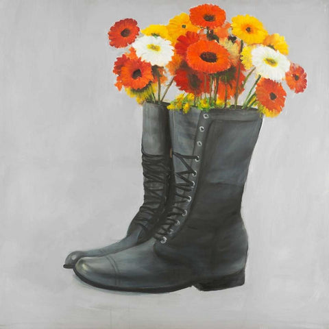 Boots with Daisy Flowers Black Ornate Wood Framed Art Print with Double Matting by Atelier B Art Studio