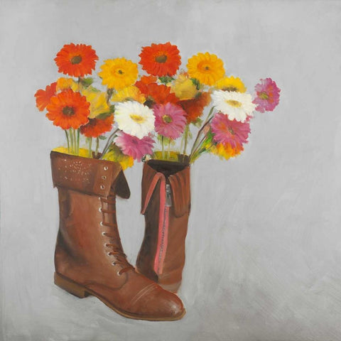 Leather Boots with Daisy Flowers White Modern Wood Framed Art Print by Atelier B Art Studio