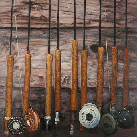 FISHING RODS ON WOOD Black Ornate Wood Framed Art Print with Double Matting by Atelier B Art Studio