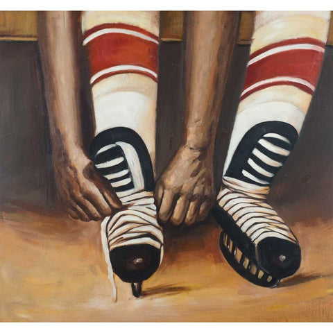 Hockey Player ties his Skates Gold Ornate Wood Framed Art Print with Double Matting by Atelier B Art Studio