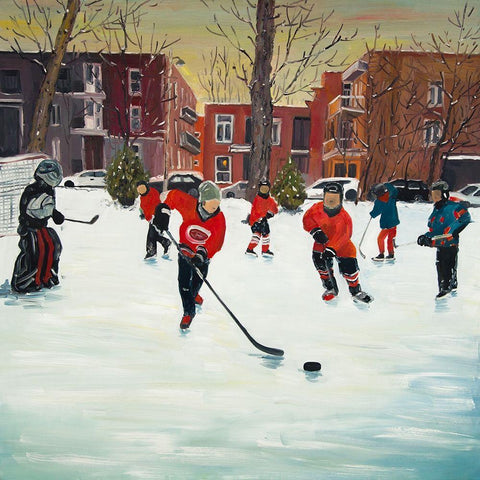 YOUNG HOCKEY PLAYERS White Modern Wood Framed Art Print with Double Matting by Atelier B Art Studio