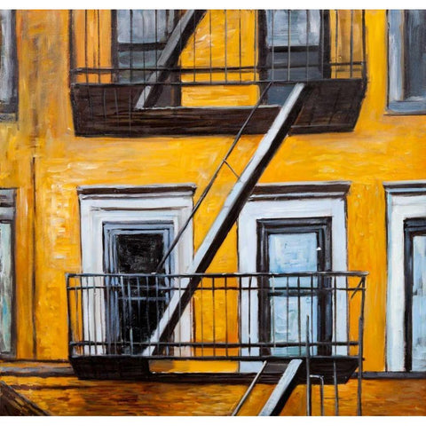 Building Old Fire Escape White Modern Wood Framed Art Print by Atelier B Art Studio