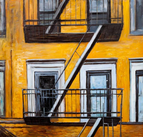 Building Old Fire Escape White Modern Wood Framed Art Print with Double Matting by Atelier B Art Studio