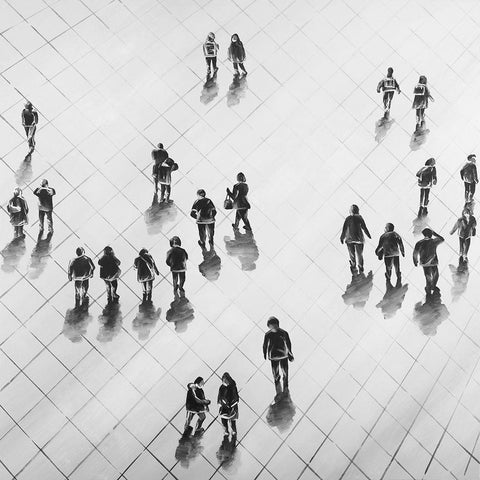 Overhead View of People on the Street Black Modern Wood Framed Art Print with Double Matting by Atelier B Art Studio