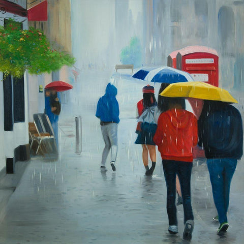 PEOPLE WALKING UNDER UMBRELLA BY A RAINY DAY White Modern Wood Framed Art Print with Double Matting by Atelier B Art Studio