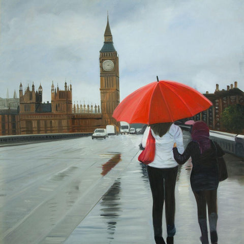 BRITISH UNDER UMBRELLA IN FRONT OF THE BIG BEN Black Ornate Wood Framed Art Print with Double Matting by Atelier B Art Studio