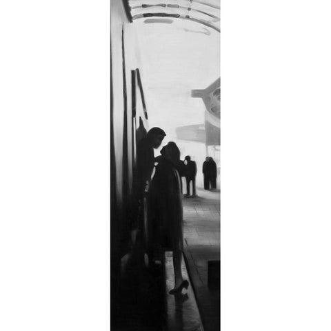 COUPLE AT THE TRAIN STATION Black Modern Wood Framed Art Print with Double Matting by Atelier B Art Studio