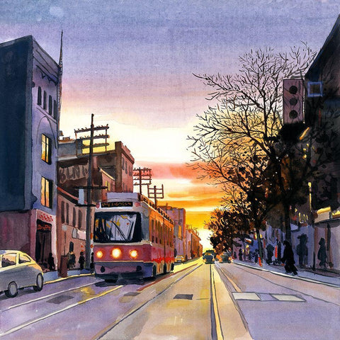 SUNSET STREETSCAPE TO TORONTO Black Ornate Wood Framed Art Print with Double Matting by Atelier B Art Studio