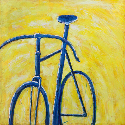 BLUE BIKE ON YELLOW BACKGROUND Black Ornate Wood Framed Art Print with Double Matting by Atelier B Art Studio