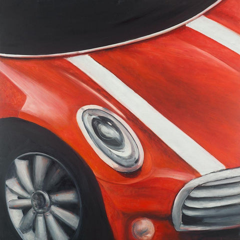 RED CAR WITH WHITE STRIPES CLOSEUP Black Modern Wood Framed Art Print with Double Matting by Atelier B Art Studio