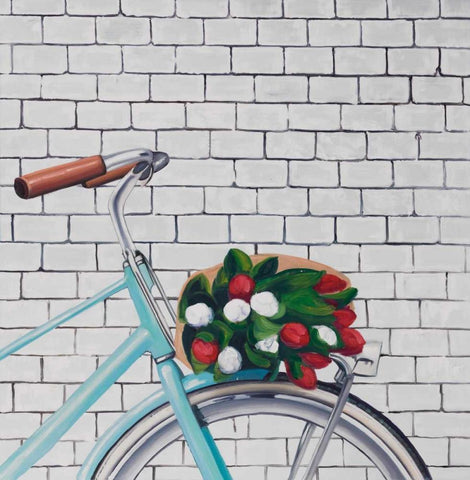 Bicycle with a Bouquet of Tulips White Modern Wood Framed Art Print with Double Matting by Atelier B Art Studio