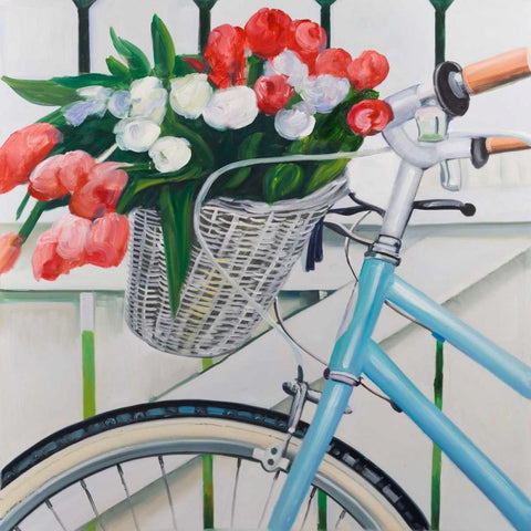 Bicycle with Tulips Flowers in Basket Black Ornate Wood Framed Art Print with Double Matting by Atelier B Art Studio