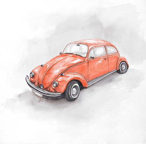 Vintage Red Beetle White Modern Wood Framed Art Print with Double Matting by Atelier B Art Studio