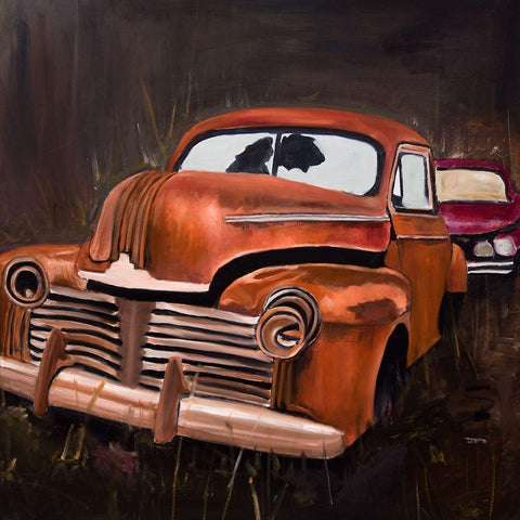 OLD CAR CRASH BY NIGHT Black Modern Wood Framed Art Print with Double Matting by Atelier B Art Studio