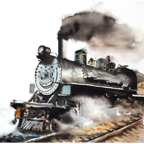 VINTAGE STEAM TRAIN Black Modern Wood Framed Art Print with Double Matting by Atelier B Art Studio