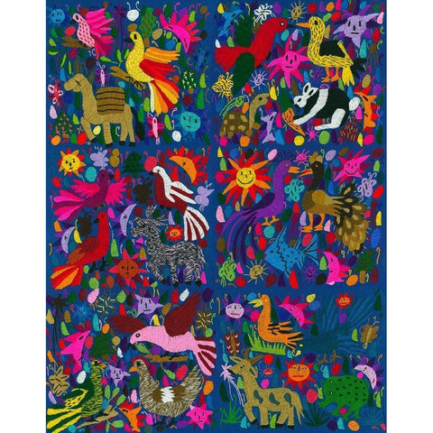 Amazing multicoloured mexican tapestry on blue background Black Modern Wood Framed Art Print with Double Matting by anonymous