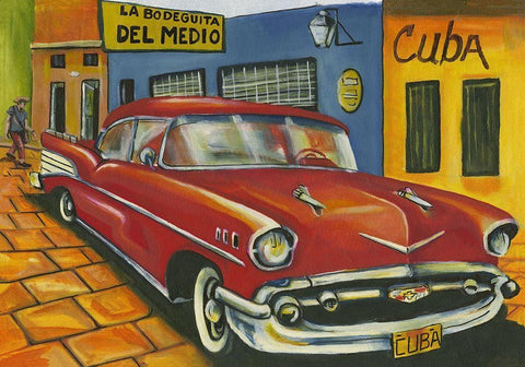 Red car in Cuba Black Ornate Wood Framed Art Print with Double Matting by anonymous