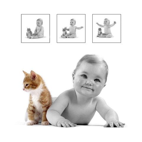 baby and kitten White Modern Wood Framed Art Print by Hoenderkamp, Patrick