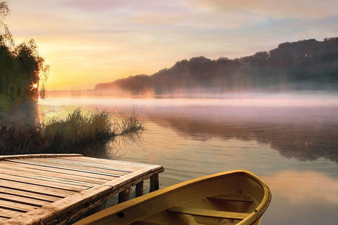 Foggy Boat and Lake Black Ornate Wood Framed Art Print with Double Matting by Anonymous