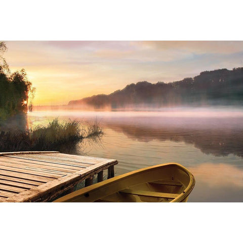 Foggy Boat and Lake White Modern Wood Framed Art Print by Anonymous