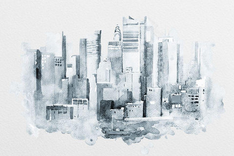 Manhattan Aquarell White Modern Wood Framed Art Print with Double Matting by Anonymous