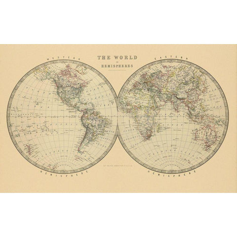 The World in Hemispheres 1912 Gold Ornate Wood Framed Art Print with Double Matting by Johnston, A K.