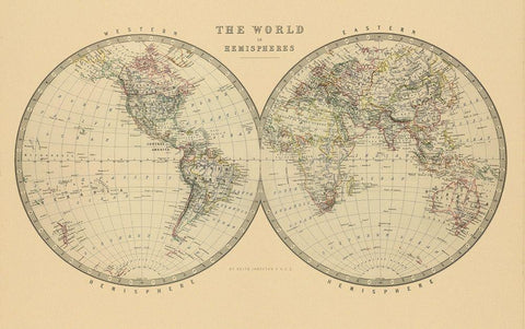 The World in Hemispheres 1912 White Modern Wood Framed Art Print with Double Matting by Johnston, A K.