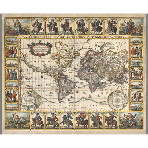 Nova Totius Terrarum Orbis Tabula, 1652 Gold Ornate Wood Framed Art Print with Double Matting by Visscher, Claes Janszoon