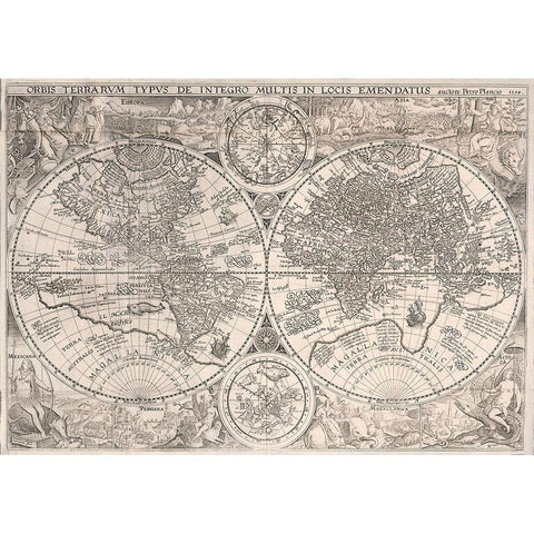 World Map 1594 Black Modern Wood Framed Art Print with Double Matting by Plancio, Petro