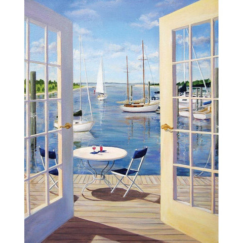 Table on the Harbor White Modern Wood Framed Art Print by Saxe, Carol