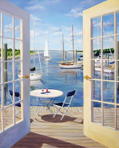 Table on the Harbor White Modern Wood Framed Art Print with Double Matting by Saxe, Carol