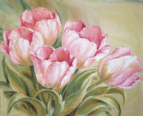 Tulips Painting Pink White Modern Wood Framed Art Print with Double Matting by Anker