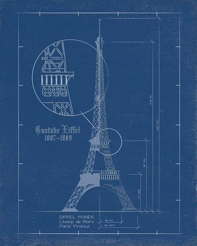 Eiffel Tower Blue Print White Modern Wood Framed Art Print with Double Matting by Sussenn