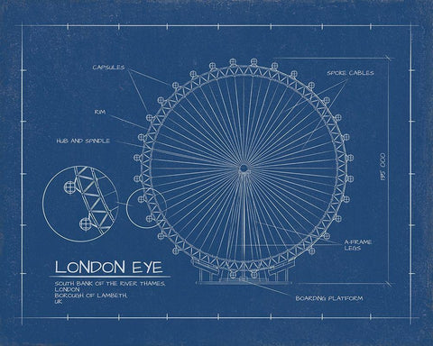 London Eye Blue Print   White Modern Wood Framed Art Print with Double Matting by Sussenn