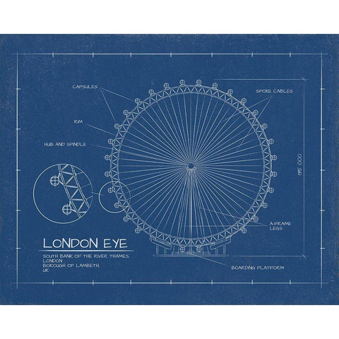 London Eye Blue Print   Gold Ornate Wood Framed Art Print with Double Matting by Sussenn