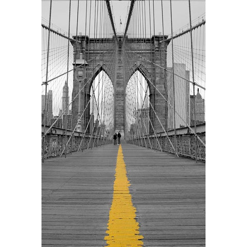 Brooklyn Bridge Couple Black Modern Wood Framed Art Print with Double Matting by Anonymous