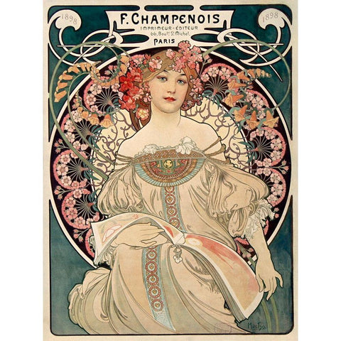 F. Champenois Gold Ornate Wood Framed Art Print with Double Matting by Mucha, Alphonse