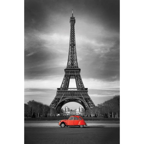 Retro Red and the Eiffel Tower  White Modern Wood Framed Art Print by Anonymous