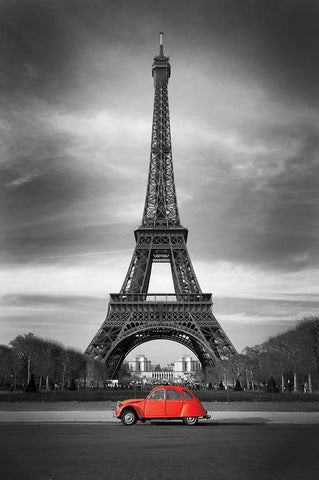 Retro Red and the Eiffel Tower  Black Ornate Wood Framed Art Print with Double Matting by Anonymous