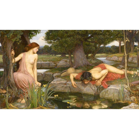 Echo And Narcissus White Modern Wood Framed Art Print by Waterhouse, J. W.