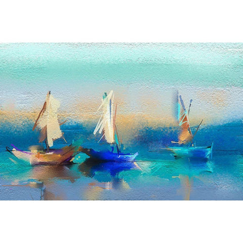 Abstract Seascape and Boats Black Modern Wood Framed Art Print with Double Matting by Pornmingmas, N.